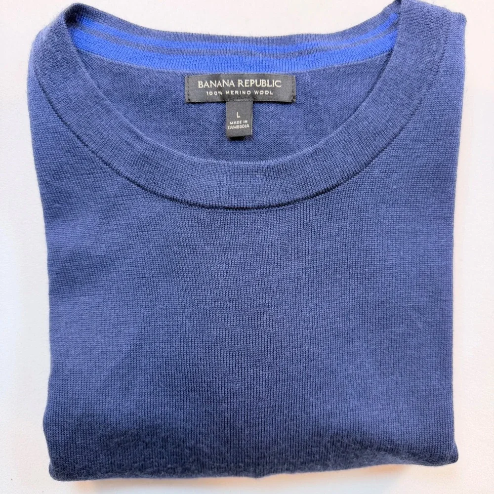 Banana Republic 100% Merino Wool Sweater Mens M Blue Crew Neck Lightweight